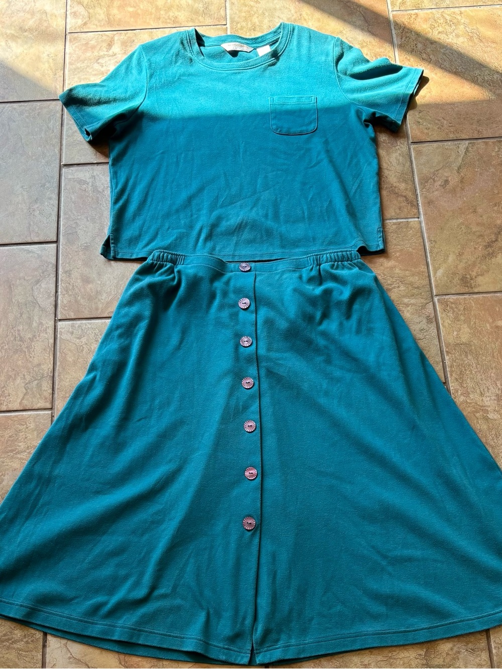 Teal Button-Front A-Line Skirt & Top  Draper’s & Damon’s petite L Two-Piece